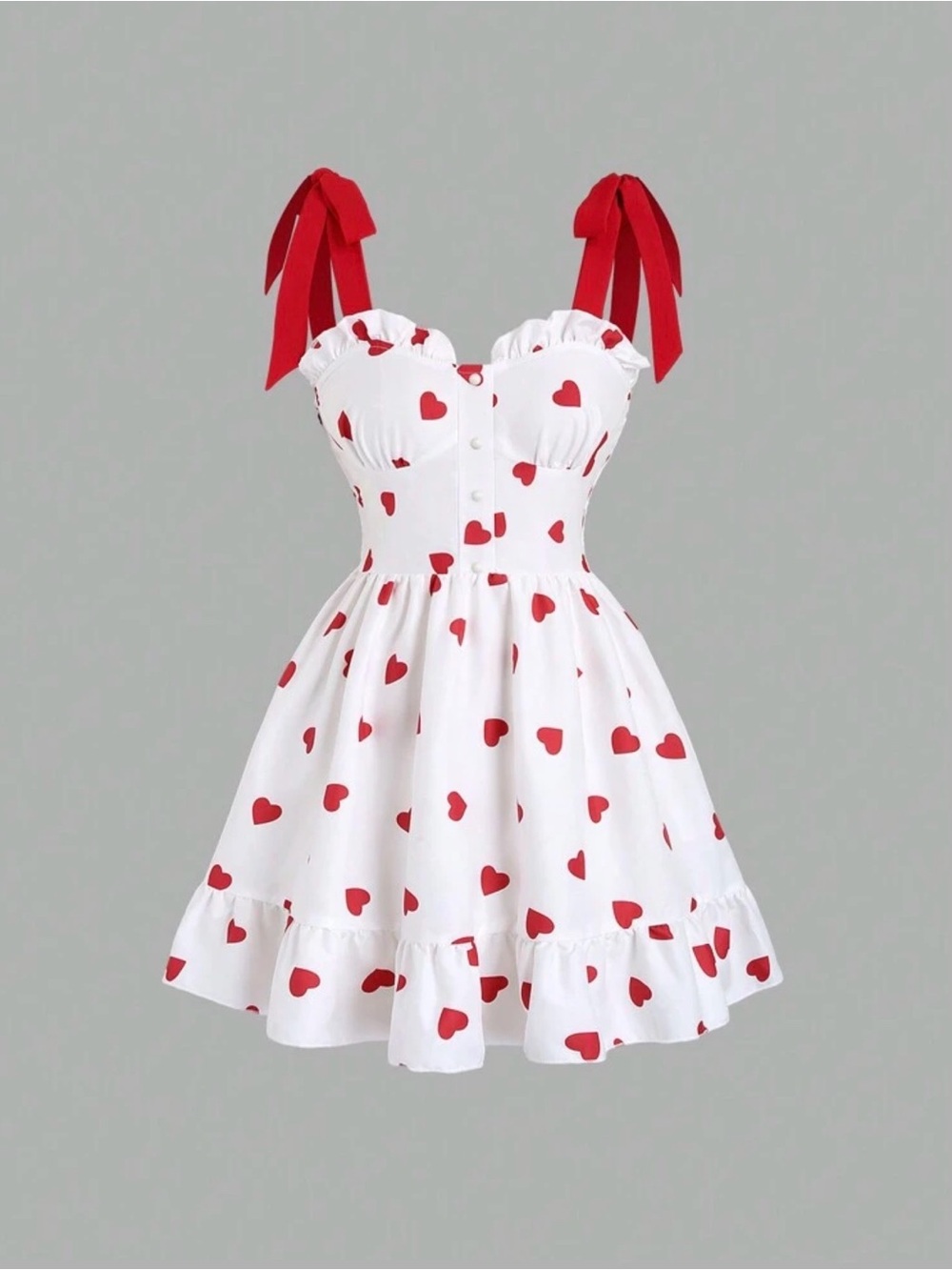 White Mini Dress with Red Heart Print and Bow-Tie Straps